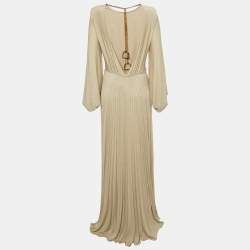 Pre Owned Elisabetta Franchi Beige Lurex Knit Plisse Maxi Dress S