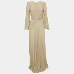 Pre Owned Elisabetta Franchi Beige Lurex Knit Plisse Maxi Dress S