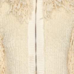 Pre Owned Elisabetta Franchi Cream Knitted Mohair Blend Fringes Cropped Jacket S