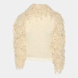Pre Owned Elisabetta Franchi Cream Knitted Mohair Blend Fringes Cropped Jacket S