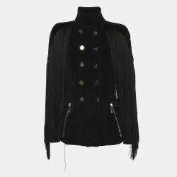 Pre Owned Elisabetta Franchi Black Wool Blend Fringes Buttoned Jacket S
