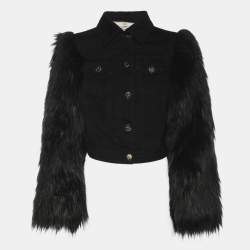 Pre Owned Elisabetta Franchi Black Denim and Faux Fur Cropped Jacket S