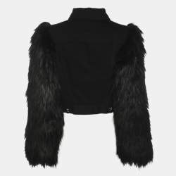 Pre Owned Elisabetta Franchi Black Denim and Faux Fur Cropped Jacket S