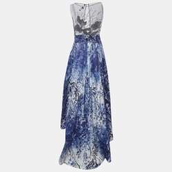 مملوكة مسبقًا Elisabetta Franchi Blue Embellished Printed Mesh & Crepe High Low Dress L