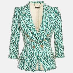 مملوكة مسبقًا Elisabetta Franchi Green Monogram Pattern Crepe Double Breasted Jacket S