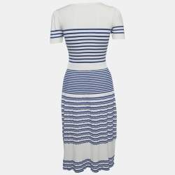 Pre Owned فستان إليزابيتا فرانكي أبيض وأزرق محاك بتفاصيل زينة بأشرطة مترزة مقاس ميدي متوسط