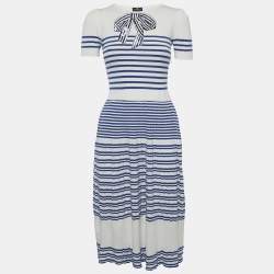 مملوكة مسبقًا Elisabetta Franchi White & Blue Knit Bow Sequin Detail Midi Dress M