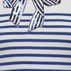 Pre Owned فستان إليزابيتا فرانكي أبيض وأزرق محاك بتفاصيل زينة بأشرطة مترزة مقاس ميدي متوسط