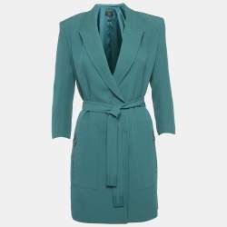 مملوكة مسبقًا Elisabetta Franchi Green Shimmering Crepe Belted Double Breasted Jacket M