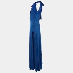 Pre Owned Elisabetta Franchi Blue Lurex Knit Bow Detail One Shoulder Maxi Dress L