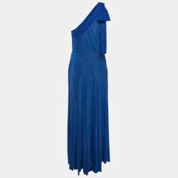 Pre Owned Elisabetta Franchi Blue Lurex Knit Bow Detail One Shoulder Maxi Dress L