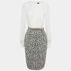 Pre Owned فستان إليزابيتا فرانشي أبيض ومطبوع كريب متوسط الطول مقاس متوسط - ميديم