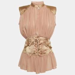 مملوكة مسبقًا Elisabetta Franchi Gold Beige Satin Trim Crepe Lace-Up Top M