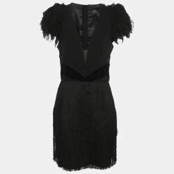 مملوكة مسبقًا Elisabetta Franchi Black Floral Applique Fringe Mini Dress XL