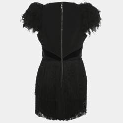 Pre Owned Elisabetta Franchi Black Floral Applique Fringe Mini Dress XL