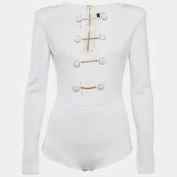 Pre Owned Elisabetta Franchi White Rib Knit Cut-Out Button Detail Bodysuit L