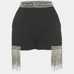مملوكة مسبقًا Elisabetta Franchi Black Wool Rhinestone Embellished Fringe Shorts M