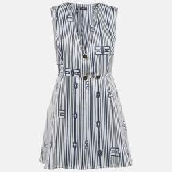 Pre Owned فستان إليزابيتا فرانشي قصير عريض من الساتان بنقشة عقدة أبيض/أزرق مقاس صغير (سمول)