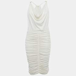 Pre Owned Elisabetta Franchi White Jersey Ruched Bodycon Dress M