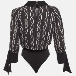 Pre Owned Elisabetta Franchi Black Logo Chain Print Crepe Long Sleeve Bodysuit M