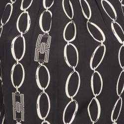 Pre Owned Elisabetta Franchi Black Logo Chain Print Crepe Long Sleeve Bodysuit M