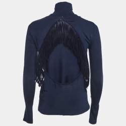 مملوكة مسبقًا Elisabetta Franchi Navy Blue Jersey Fringe Detail Top S