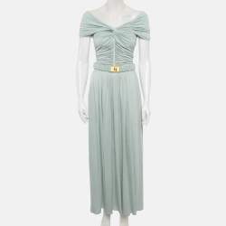 Pre Owned Elisabetta Franchi Blue Jersey Ruche Detail Maxi Dress M