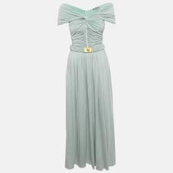 Pre Owned Elisabetta Franchi Blue Jersey Ruche Detail Maxi Dress M