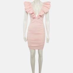 Pre Owned Elisabetta Franchi Pink Checkered Crepe Ruched Mini Dress S