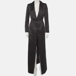 Pre Owned Elisabetta Franchi Black Satin Shawl Collar Long Coat M