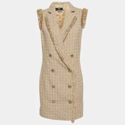 Pre Owned Elisabetta Franchi Beige Fringed Tweed Double Breasted Mini Dress M