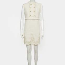 Pre Owned Elisabetta Franchi Off-White Fringed Tweed Sleeveless Mini Dress M
