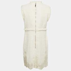 Pre Owned Elisabetta Franchi Off-White Fringed Tweed Sleeveless Mini Dress M