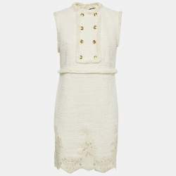 Pre Owned Elisabetta Franchi Off-White Fringed Tweed Sleeveless Mini Dress M