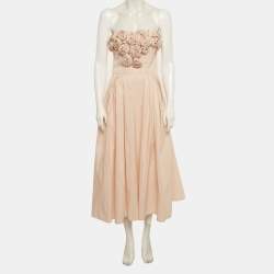 Pre Owned Elisabetta Franchi Powder Pink Rose Applique Gabardine Midi Dress M