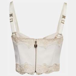 Pre Owned Elisabetta Franchi Beige Stretch Crepe Lace Trim Corset Top M