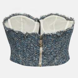 Pre Owned Elisabetta Franchi Blue Tweed Embroidered Bustier Top S