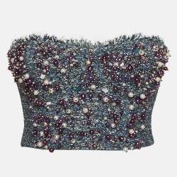 Pre Owned Elisabetta Franchi Blue Tweed Embroidered Bustier Top S