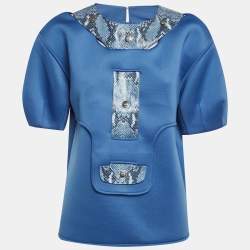 Pre Owned Elisabetta Franchi Blue Snake Print Detail Neoprene Short Sleeve Top M