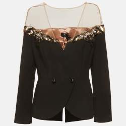 مملوكة مسبقًا Elisabetta Franchi Black Embellished Tulle Trim Crepe Blazer L