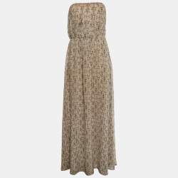 Pre Owned Elisabetta Franchi Beige Abstract Print Chiffon Strapless Maxi Dress M