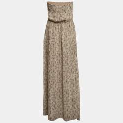 Pre Owned Elisabetta Franchi Beige Abstract Print Chiffon Strapless Maxi Dress M