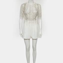 Pre Owned Elisabetta Franchi White Embellished Tulle & Crepe Playsuit M