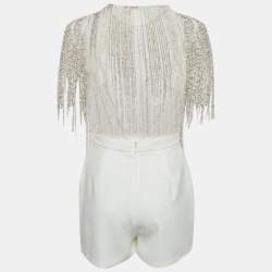 Pre Owned Elisabetta Franchi White Embellished Tulle & Crepe Playsuit M