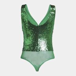 Pre Owned Elisabetta Franchi Green Sequin Tulle Sleeveless Bodysuit S
