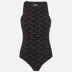 مملوكة مسبقًا Elisabetta Franchi Black Logo Flocked Stretch Knit Tank Bodysuit L