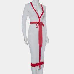 Pre Owned Elisabetta Franchi White Rib Knit Contrast Detail Belted Button Front Dress M