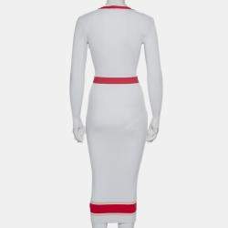 Pre Owned Elisabetta Franchi White Rib Knit Contrast Detail Belted Button Front Dress M