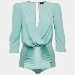 Elisabetta Franchi Blue Crepe & Jersey Draped Long Sleeve Bodysuit M