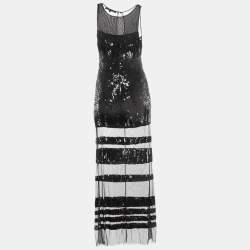 Pre Owned Elisabetta Franchi Black Striped Sequined Mesh Sleeveless Long Dress L